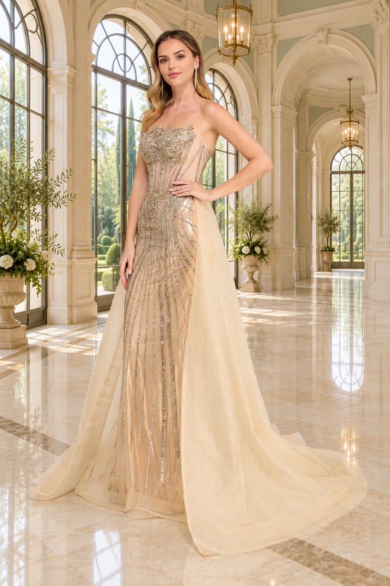 Amelia Couture 2172 strapless champagne prom dress featuring a beaded bodice and a sheer, flowing detachable overskirt.